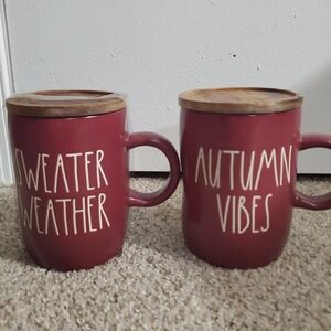 Rae Dunn Burgundy Ceramic Mug Set with Wooden Lids